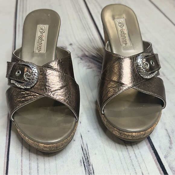 Brighton Platform Mules Pewter Leather Cork Wedge "Summer" Sz 7 Made In Italy - Picture 2 of 10